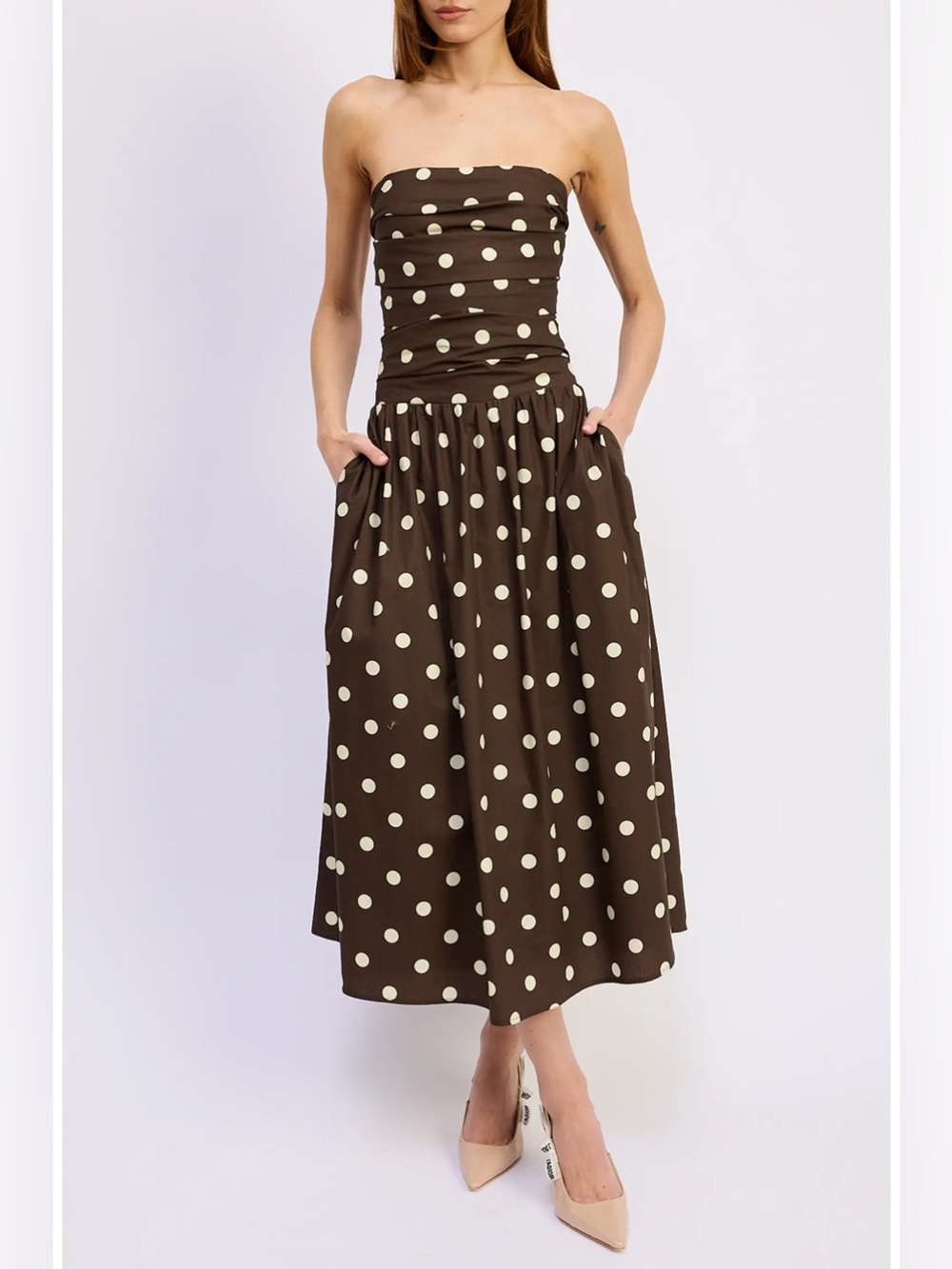 En Saison Brown Strapless Polka Dot Midi Dress with Cream Dots (Straps included)